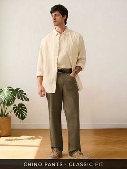 The Souled Store - Khaki Cotton/Elastane Regular Fit Solid Straight Leg Trouser