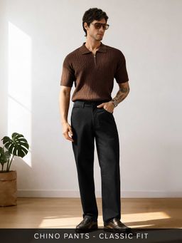 The Souled Store - Black Cotton/Elastane Straight Fit Solid Straight Leg Trouser
