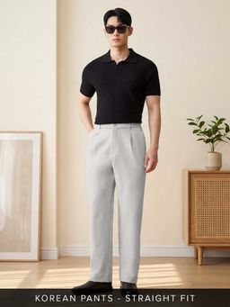 The Souled Store - Grey Polyester Blend Straight Fit Solid Straight Leg Trouser