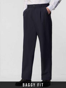 The Souled Store - Navy Blue Polyester Blend Loose Fit Solid Wide Leg Trouser