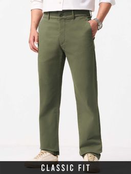 The Souled Store - Olive Cotton/Elastane Straight Fit Solid Straight Leg Trouser