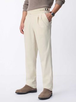 The Souled Store - Cream Polyviscose Straight Fit Solid Straight Leg Trouser