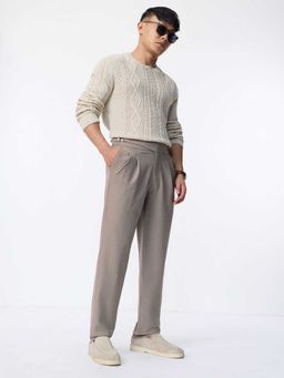 The Souled Store - Taupe Polyviscose Straight Fit Solid Straight Leg Trouser