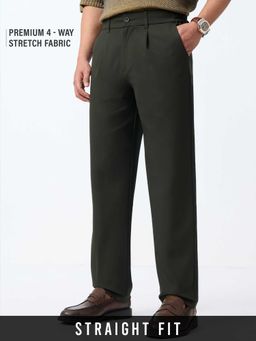 The Souled Store - Olive Polyviscose Straight Fit Solid Straight Leg Trouser