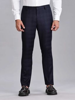 Tommy Hilfiger - Navy Blue Polyester Regular Fit Checks Straight Leg Trouser