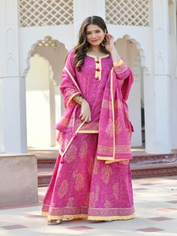 Mulmul - Maanika Block Printed Kurti-Flared Palazzo and Dupatta (Set of 3)