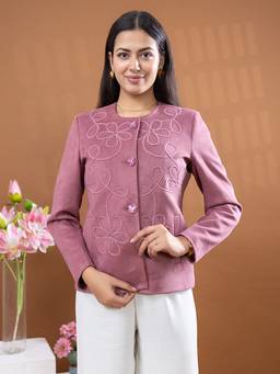 TWENTY ME - Women's Floral Embroidered Suede Button-Front Regular Fit Blazer