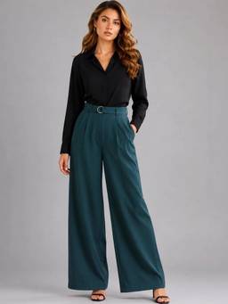 Club York - Women Bottle Green Solid Pant with Belt