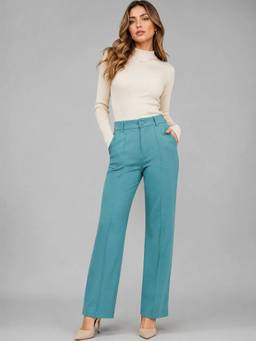 Club York - Women Turquoise Solid Straight Fit Pant