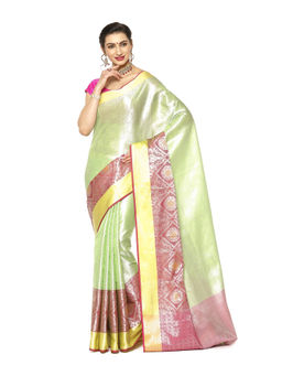 Banarasi Silk Works - Green Zari Kanchi Silk Tanchoi Meena Saree with Unstitched Blouse