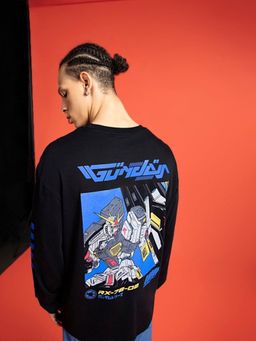 Bewakoof - Men's Black Gundam Flight Mode Graphic Printed Oversized T-shirt