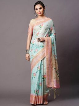 Odette - Sky Blue Festive Linen Blend Printed Saree with Unstitched Blouse