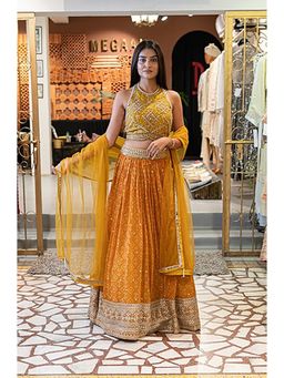 Soniya G - Mustard Coloured Lehenga With A Halter Blouse And Dupatta