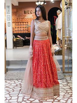 Soniya G - Orange Printed Lehenga Aith With Blouse And Dupatta