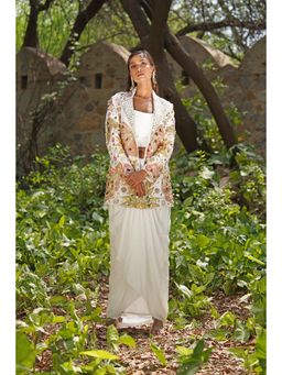 Soniya G - Ivory Embroidered Blazer with Draped Skirt and Crop Top