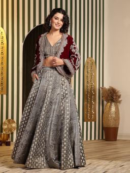 Soniya G - Grey Pleated Skirt with Velvet Jacket and Blouse