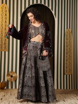 Soniya G - Dark Purple Pleated Lehenga with Blouse and Jacket