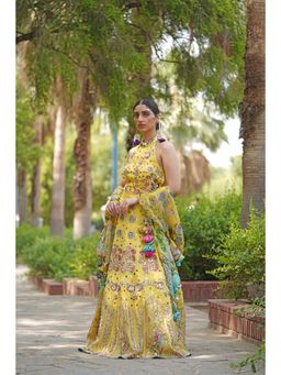Soniya G - Yellow Lehenga with Choli and Tassel-Trimmed Floral Dupatta