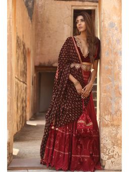 Soniya G - Maroon Chikankari Lehenga with Blouse and Attached Dupatta, Potli