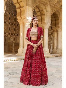 Soniya G - Red Chikankari Lehenga with Embroidered Blouse with Cape