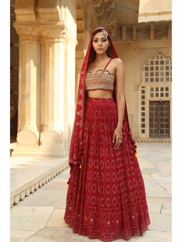 Soniya G - Red Chikankari Lehenga with Embroidered Blouse with Dupatta
