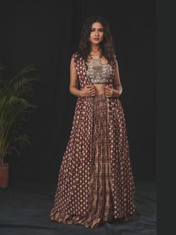Soniya G - Maroon Lehenga with Blouse and Cape