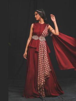 Soniya G - Maroon Peplum Top With Matching Skirt And Attached Dupatta