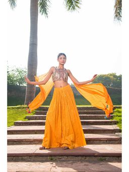 Soniya G - Yellow Foiled Lehenga With Hand Embroidered Blouse