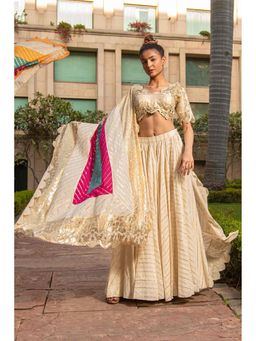 Soniya G - Ivory Lurex Striped Lehenga with Blouse and Dupatta