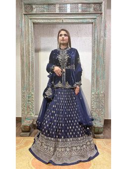 Soniya G - Blue Velvet Lehenga With Blouse And Dupatta