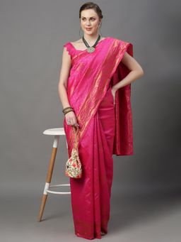 Akhilam - Womens Silk Blend Pink Woven Design Saree with Unstitched Blouse