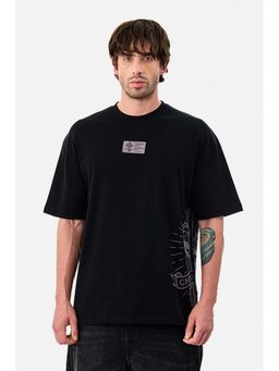 Snitch - Black Printed Half Sleeves Oversized Casual T-shirt for Men