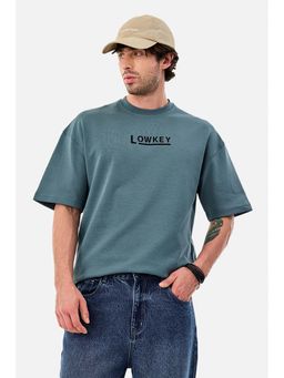 Snitch - Teal Printed Half Sleeves Oversized Casual T-shirt for Men
