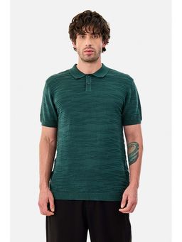 Snitch - Dark Green Textured Half Sleeves Regular Casual Polo T-shirt for Men