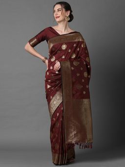 Akhilam - Brown Festive Silk Blend Woven Design Saree with Unstitched
