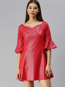SHOWOFF - Women Red Textured Sweetheart Fit and Flare Dress