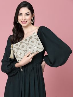 Anekaant - Ghoomar Beige & Mirror Embroidered Lurex Handloom Sling Bag