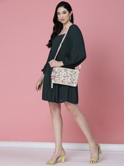 Anekaant - Boho Natural, Pastel Pink & Multi Floral Bead Work Cotton Sling Bag