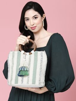 Anekaant - Boho Natural Off White Jacquard Cotton Acrylic Handheld Bag