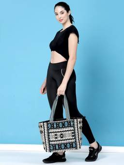 Anekaant - Boho Black & Multi Ethnic Motifs Jacquard Cotton Acrylic Yoga Tote Bag