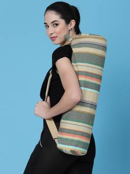 Anekaant - Eco - Friendly Light Khaki & Cotton Canvas Striped Yoga Bag