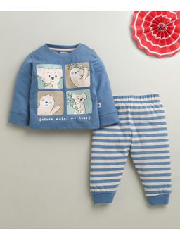 Bumzee - Blue and Beige Boys Full Sleeves Cotton T-Shirt and Pyjama