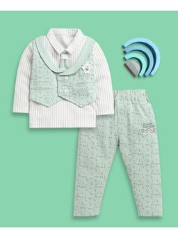 Bumzee - Green and White Boys Full Sleeves Shirt With Attached Waistcoat & Pant