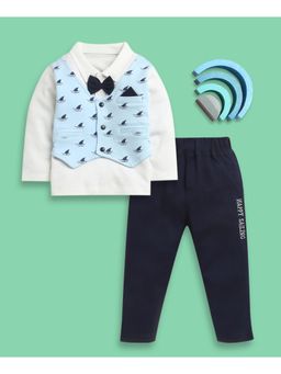 Bumzee - Navy and White Boys Full Sleeves Shirt With Attached Waistcoat & Pant