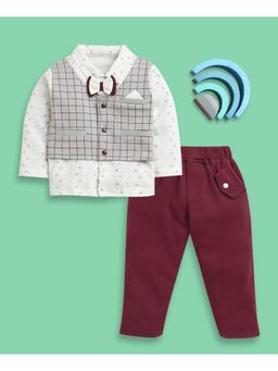 Bumzee - Maroon and White Boys Full Sleeves Shirt With Attached Waistcoat & Pant
