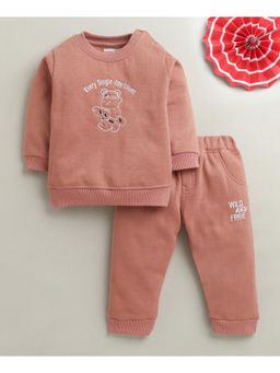 Bumzee - Brick Rust Girls Full Sleeves Cotton Blend Sweatshirt with Joggers