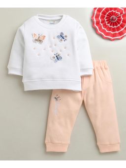 Bumzee - White and Peach Girls Full Sleeves Cotton Blend Sweatshirt with Joggers