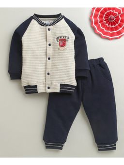 Bumzee - Navy and Beige Boys Full Sleeves Cotton Blend Sweatshirt with Joggers