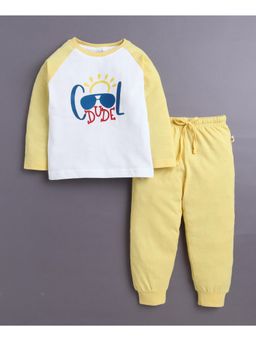 Bumzee - Yellow and White Boys Full Sleeves Cotton T-Shirt and Pyjama