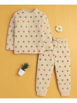 Bumzee - Beige Girls Full Sleeves Cotton T-Shirt and Pyjama
